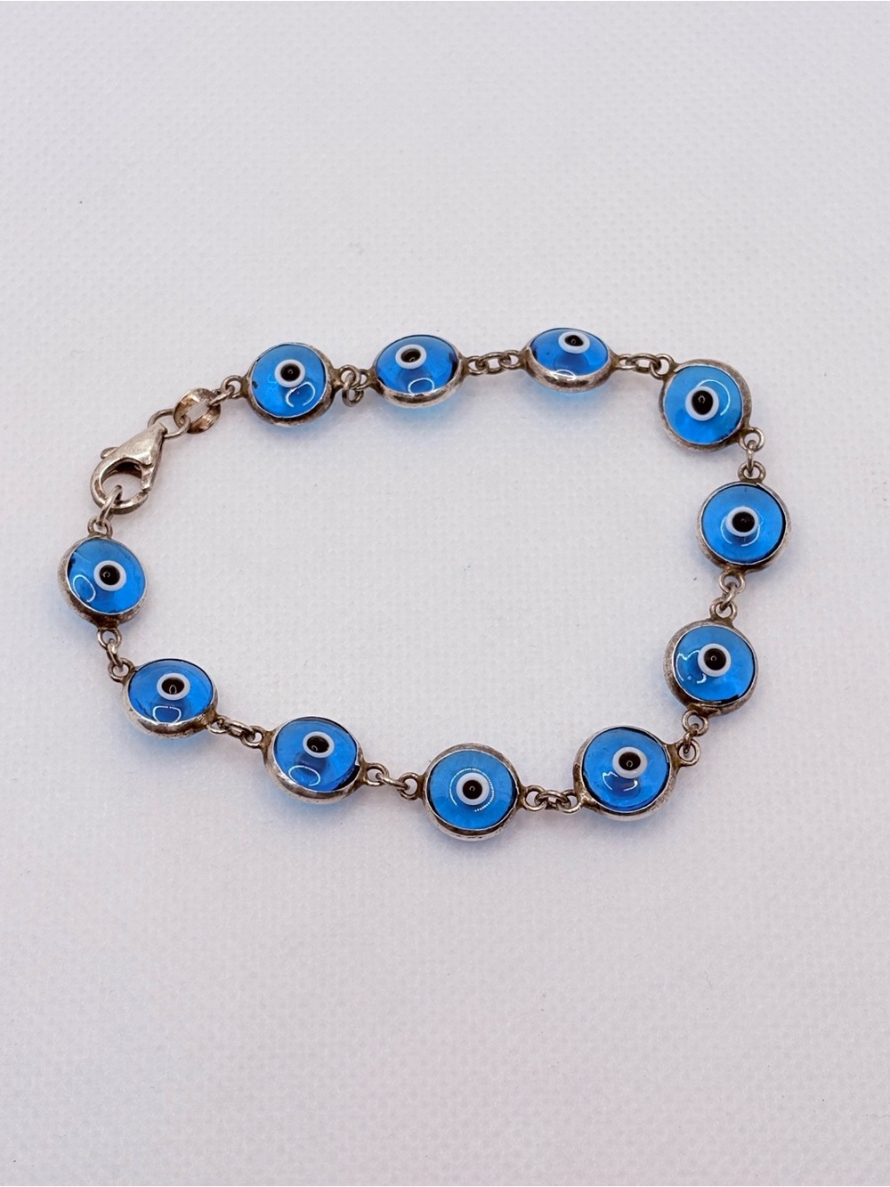 Sterling Silver Blue Glass Evil Eye Tennis Bracelet 7.5” Vintage